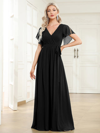 Short Sleeve Ruffle Deep V-Neck A-Line Floor Length Evening Dresses