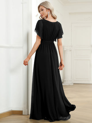 Short Sleeve Ruffle Deep V-Neck A-Line Floor Length Evening Dresses