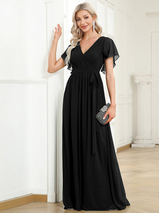 Short Sleeve Ruffle Deep V-Neck A-Line Floor Length Evening Dresses