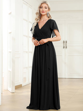 Short Sleeve Ruffle Deep V-Neck A-Line Floor Length Evening Dresses