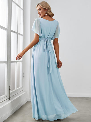 Short Sleeve Ruffle Deep V-Neck A-Line Floor Length Evening Dresses
