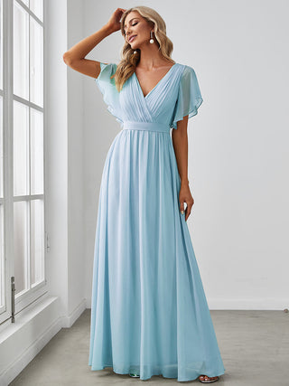 Short Sleeve Ruffle Deep V-Neck A-Line Floor Length Evening Dresses