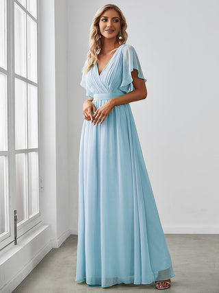 Short Sleeve Ruffle Deep V-Neck A-Line Floor Length Evening Dresses