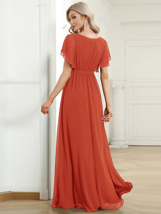 Short Sleeve Ruffle Deep V-Neck A-Line Floor Length Evening Dresses