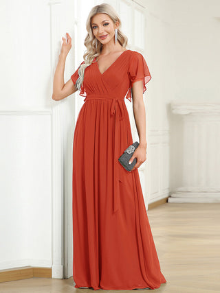 Short Sleeve Ruffle Deep V-Neck A-Line Floor Length Evening Dresses