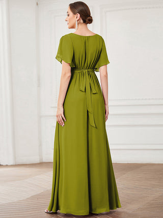 Short Sleeve Ruffle Deep V-Neck A-Line Floor Length Evening Dresses
