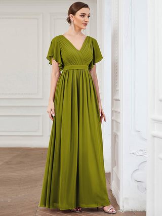 Short Sleeve Ruffle Deep V-Neck A-Line Floor Length Evening Dresses