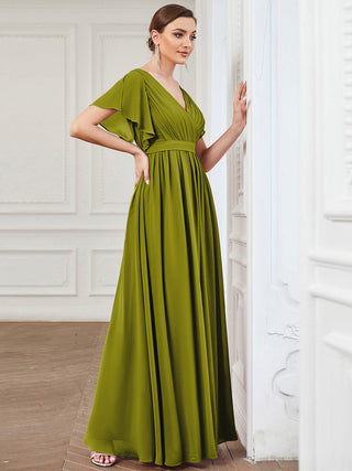 Short Sleeve Ruffle Deep V-Neck A-Line Floor Length Evening Dresses