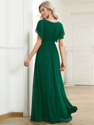 Short Sleeve Ruffle Deep V-Neck A-Line Floor Length Evening Dresses