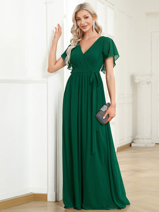 Short Sleeve Ruffle Deep V-Neck A-Line Floor Length Evening Dresses
