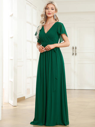 Short Sleeve Ruffle Deep V-Neck A-Line Floor Length Evening Dresses