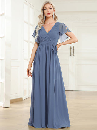 Short Sleeve Ruffle Deep V-Neck A-Line Floor Length Evening Dresses