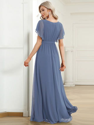 Short Sleeve Ruffle Deep V-Neck A-Line Floor Length Evening Dresses