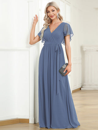Short Sleeve Ruffle Deep V-Neck A-Line Floor Length Evening Dresses