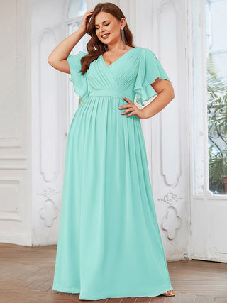 Short Sleeve Ruffle Deep V-Neck A-Line Floor Length Evening Dresses