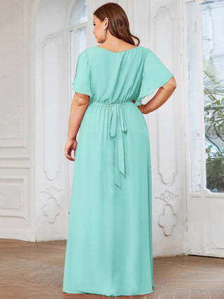 Short Sleeve Ruffle Deep V-Neck A-Line Floor Length Evening Dresses