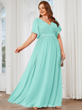 Short Sleeve Ruffle Deep V-Neck A-Line Floor Length Evening Dresses