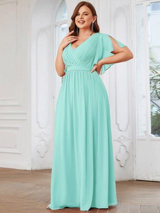 Short Sleeve Ruffle Deep V-Neck A-Line Floor Length Evening Dresses
