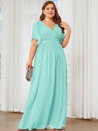 Short Sleeve Ruffle Deep V-Neck A-Line Floor Length Evening Dresses