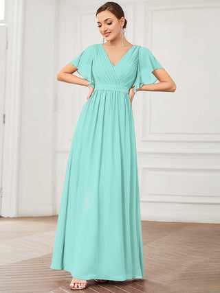 Short Sleeve Ruffle Deep V-Neck A-Line Floor Length Evening Dresses