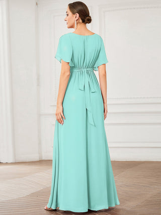 Short Sleeve Ruffle Deep V-Neck A-Line Floor Length Evening Dresses