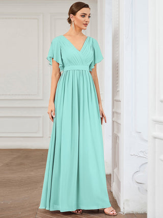 Short Sleeve Ruffle Deep V-Neck A-Line Floor Length Evening Dresses