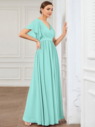 Short Sleeve Ruffle Deep V-Neck A-Line Floor Length Evening Dresses