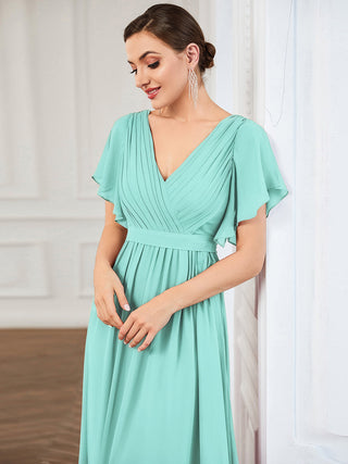 Short Sleeve Ruffle Deep V-Neck A-Line Floor Length Evening Dresses