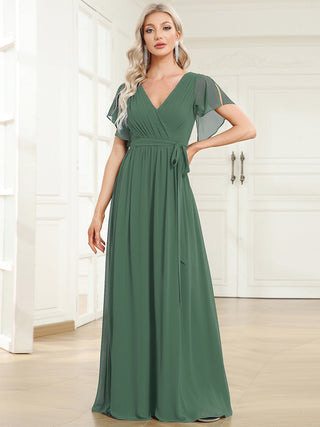 Short Sleeve Ruffle Deep V-Neck A-Line Floor Length Evening Dresses