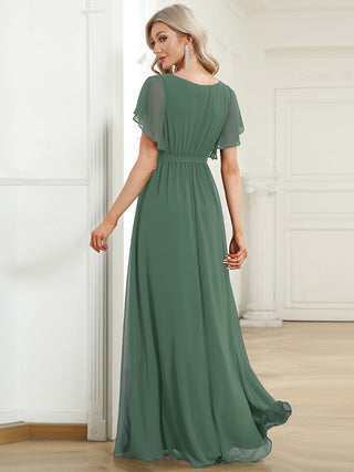 Short Sleeve Ruffle Deep V-Neck A-Line Floor Length Evening Dresses