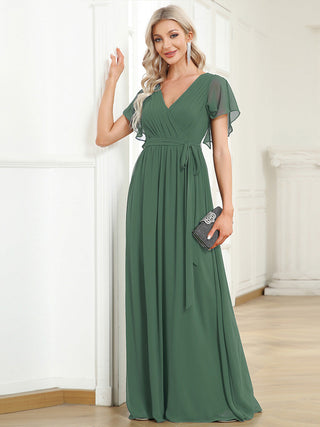 Short Sleeve Ruffle Deep V-Neck A-Line Floor Length Evening Dresses