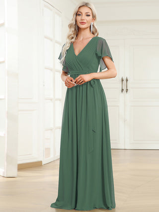 Short Sleeve Ruffle Deep V-Neck A-Line Floor Length Evening Dresses