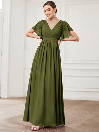 Short Sleeve Ruffle Deep V-Neck A-Line Floor Length Evening Dresses