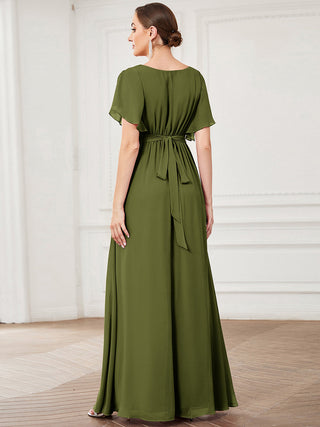 Short Sleeve Ruffle Deep V-Neck A-Line Floor Length Evening Dresses