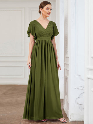Short Sleeve Ruffle Deep V-Neck A-Line Floor Length Evening Dresses