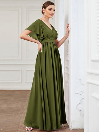 Short Sleeve Ruffle Deep V-Neck A-Line Floor Length Evening Dresses