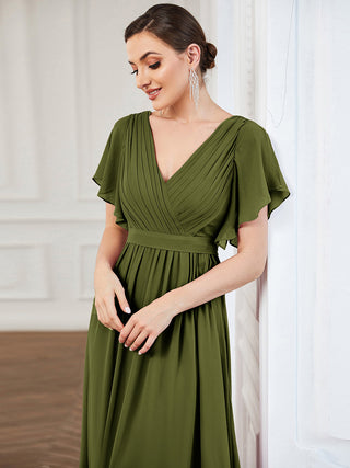 Short Sleeve Ruffle Deep V-Neck A-Line Floor Length Evening Dresses