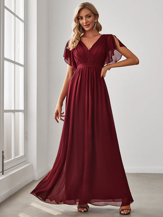 Short Sleeve Ruffle Deep V-Neck A-Line Floor Length Evening Dresses