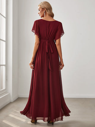 Short Sleeve Ruffle Deep V-Neck A-Line Floor Length Evening Dresses
