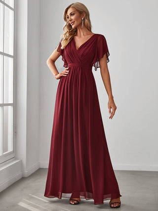 Short Sleeve Ruffle Deep V-Neck A-Line Floor Length Evening Dresses