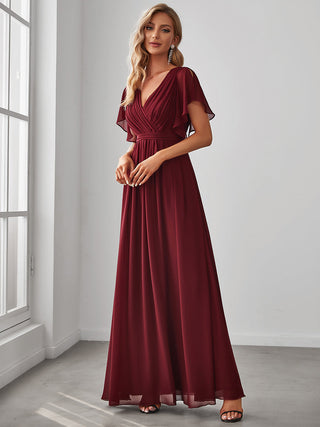 Short Sleeve Ruffle Deep V-Neck A-Line Floor Length Evening Dresses
