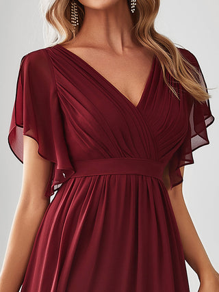 Short Sleeve Ruffle Deep V-Neck A-Line Floor Length Evening Dresses