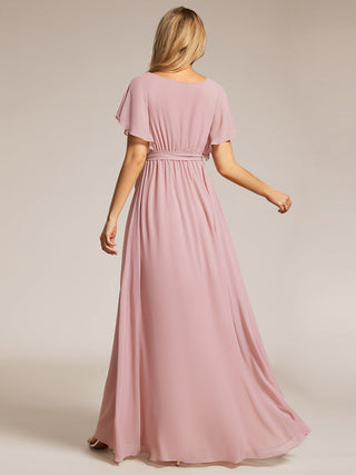Short Sleeve Ruffle Deep V-Neck A-Line Floor Length Evening Dresses