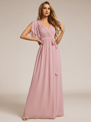 Short Sleeve Ruffle Deep V-Neck A-Line Floor Length Evening Dresses