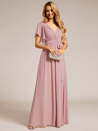 Short Sleeve Ruffle Deep V-Neck A-Line Floor Length Evening Dresses
