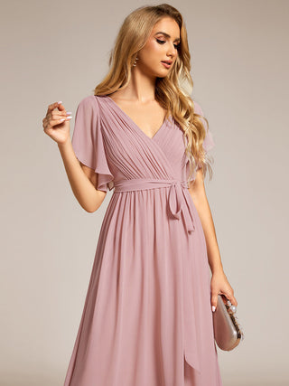 Short Sleeve Ruffle Deep V-Neck A-Line Floor Length Evening Dresses