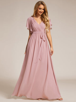 Short Sleeve Ruffle Deep V-Neck A-Line Floor Length Evening Dresses