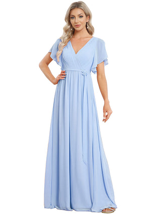 Short Sleeve Ruffle Deep V-Neck A-Line Floor Length Evening Dresses