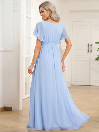Short Sleeve Ruffle Deep V-Neck A-Line Floor Length Evening Dresses