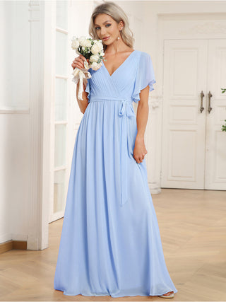 Short Sleeve Ruffle Deep V-Neck A-Line Floor Length Evening Dresses